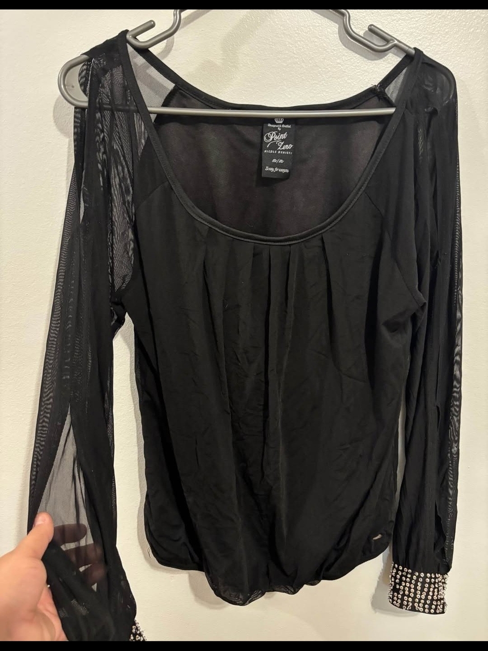 Point Zero Black Sheer-Sleeve Long Sleeve Top with Embellished Cuffs Medium